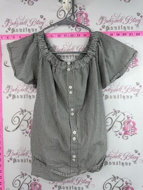 bp T-shirt tie up back Black & White Striped Off-Shoulder Button Front Blouse